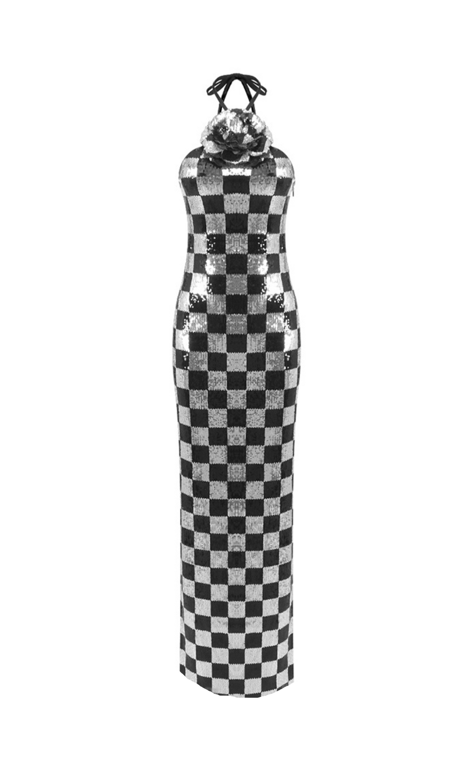 Neckholderkleid mit Pailletten im Schachbrettmuster und Blume