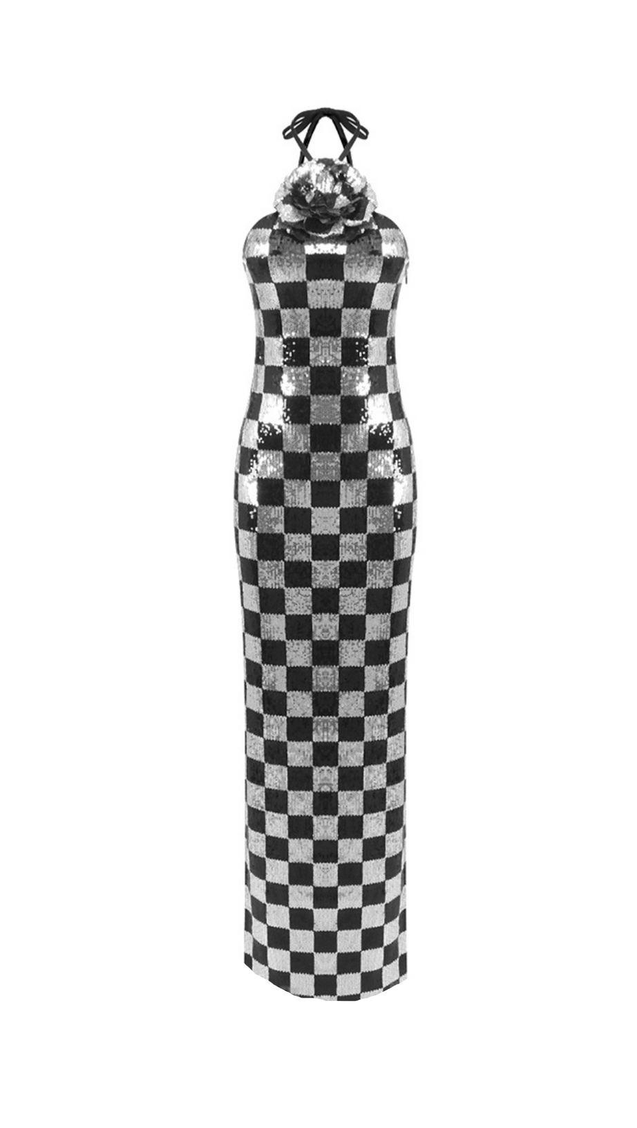 Neckholderkleid mit Pailletten im Schachbrettmuster und Blume