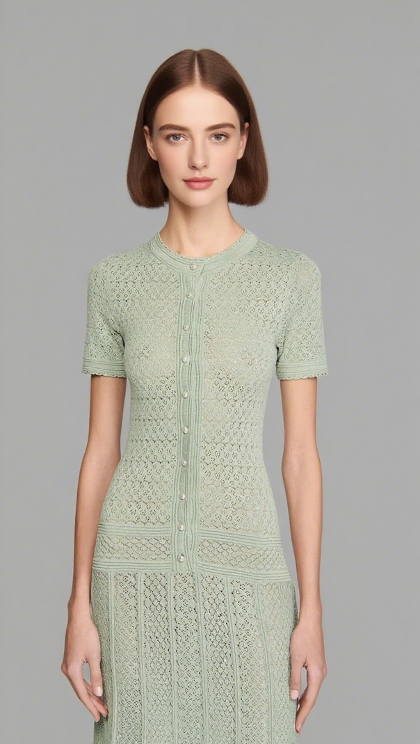 AIIZIE YVONNE HOLLOW KNIT MAXI DRESS IN ALMOND GREEN - product image