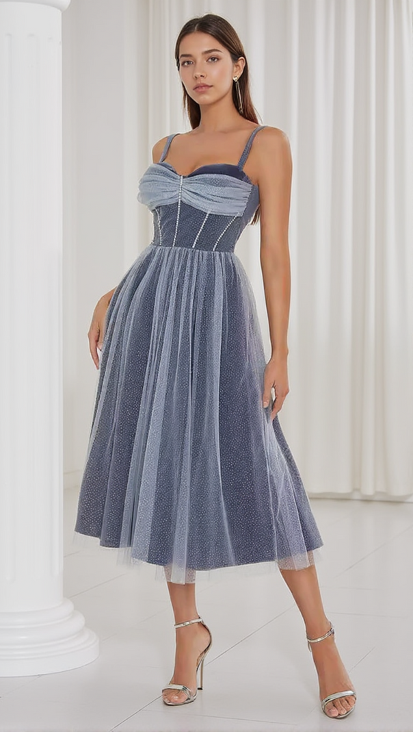 AIIZIE RUCHED BUST RHINESTONE MESH CAMI DRESS - product image