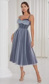 RUCHED BUST RHINESTONE MESH CAMI DRESS