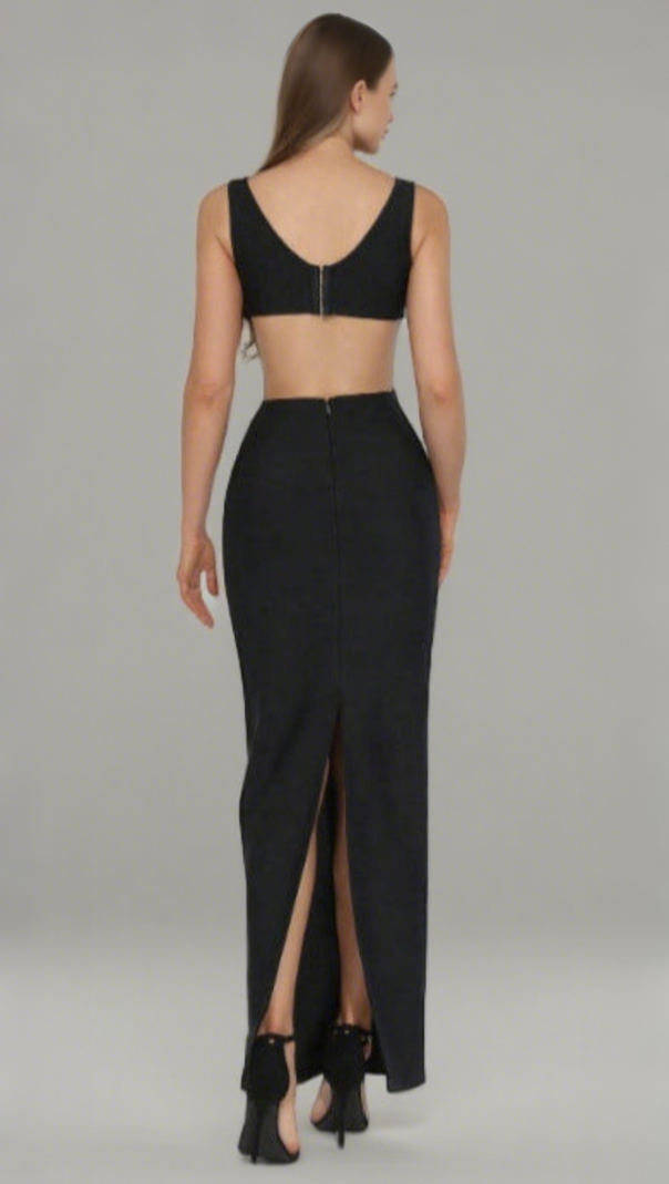 AIIZIE FLOWER V-NECK HOLLOW OUT MAXI DRESS IN BLACK - product image