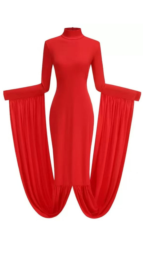 QAELTRIC HIGH NECK DRAPED MAXI DRESS | ELEGANT LONG SLEEVE EVENING GOWN