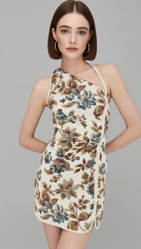 FLORAL PRINT ASYMMETRIC MINI DRESS