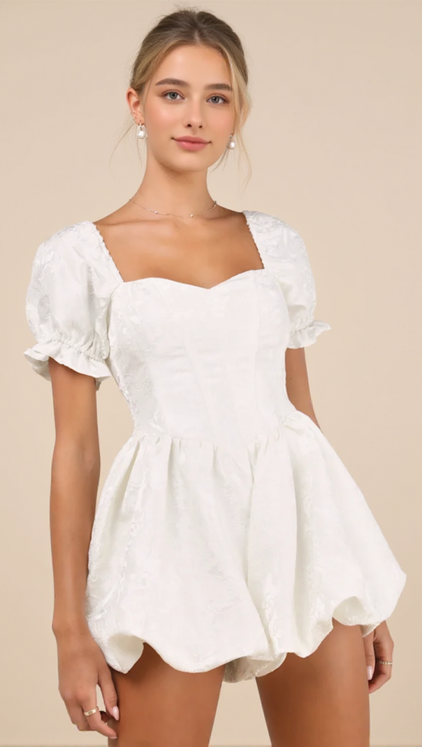 AIIZIE PRINCESS AESTHETIC IVORY FLORAL JACQUARD BUBBLE-HEM ROMPER - product image