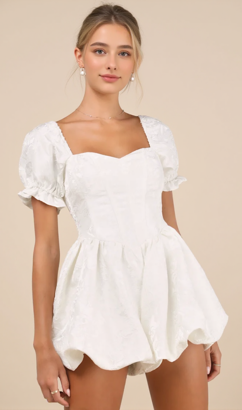 Princess Aesthetic Ivory Floral Jacquard Bubble-Hem Romper