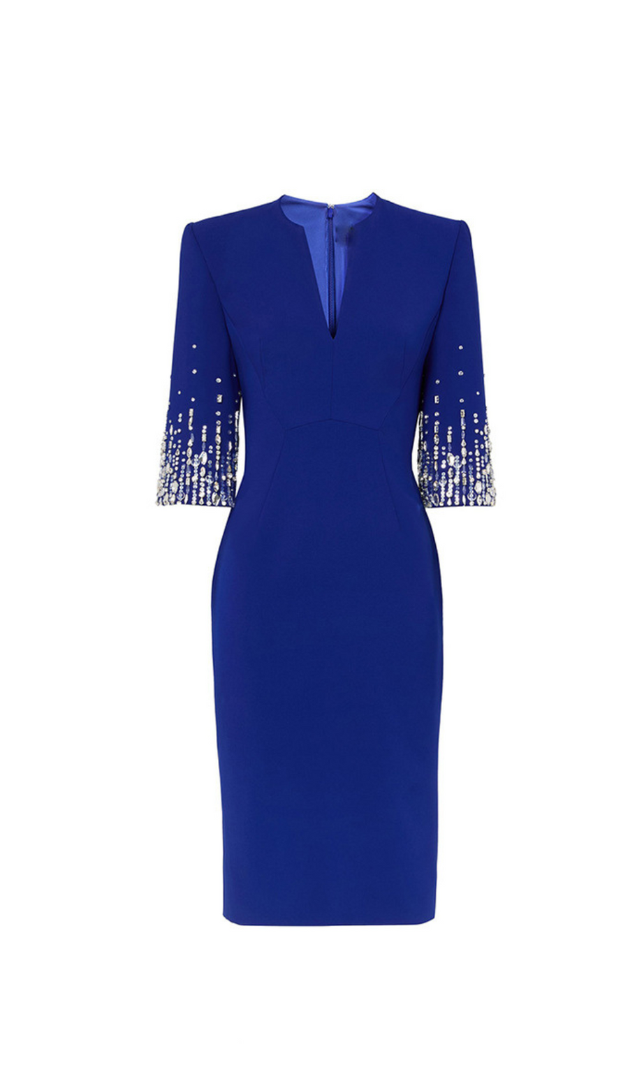 abito midi biela con scollo a V e cristalli blu
