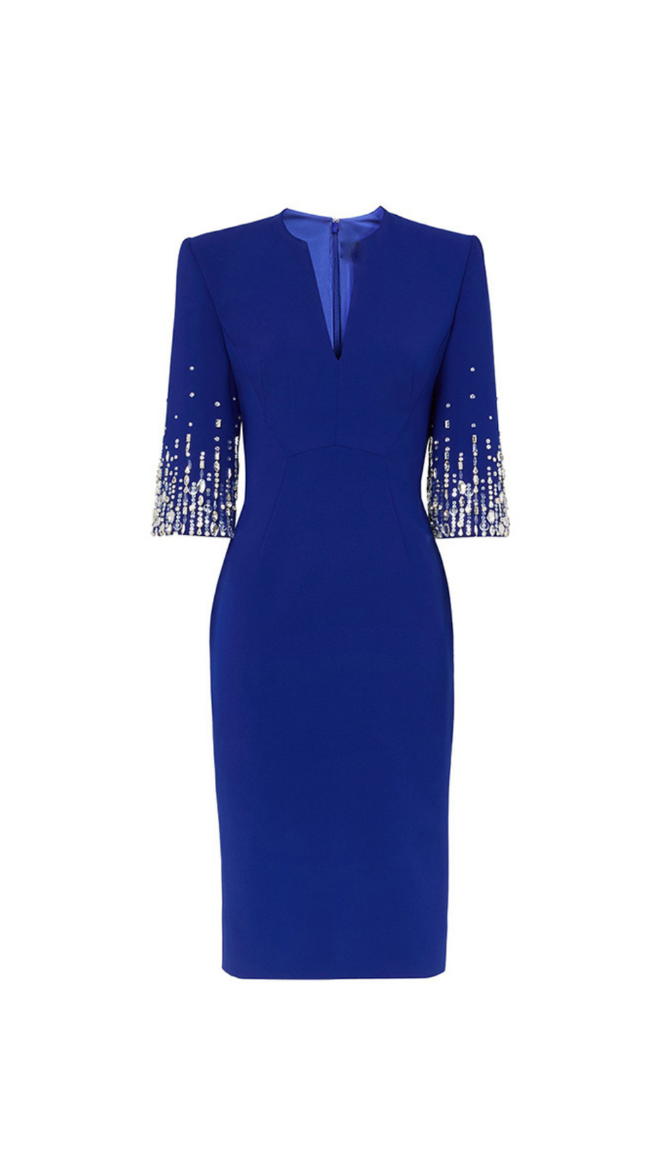abito midi biela con scollo a V e cristalli blu