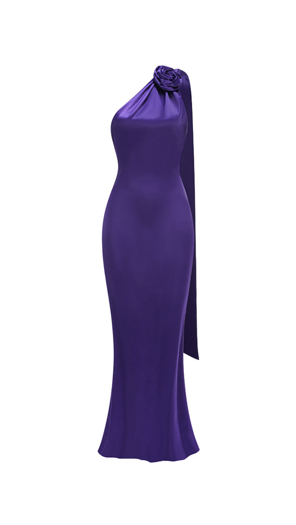 AIIZIE SATIN WRAP HALTER GOWN WITH FLOWER IN PURPLE - product image
