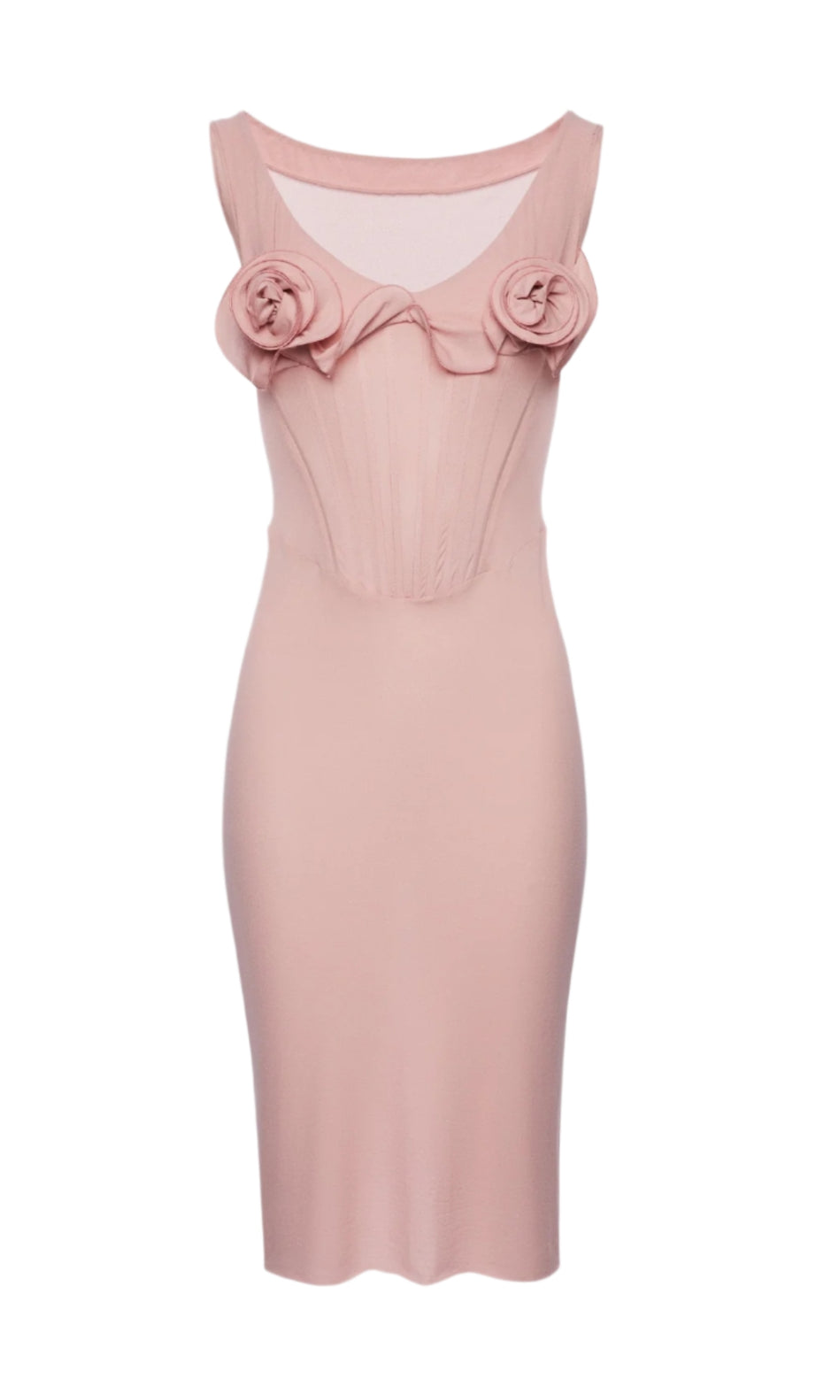 Dinella Floral Appliqué Corset Midi Dress in Pink