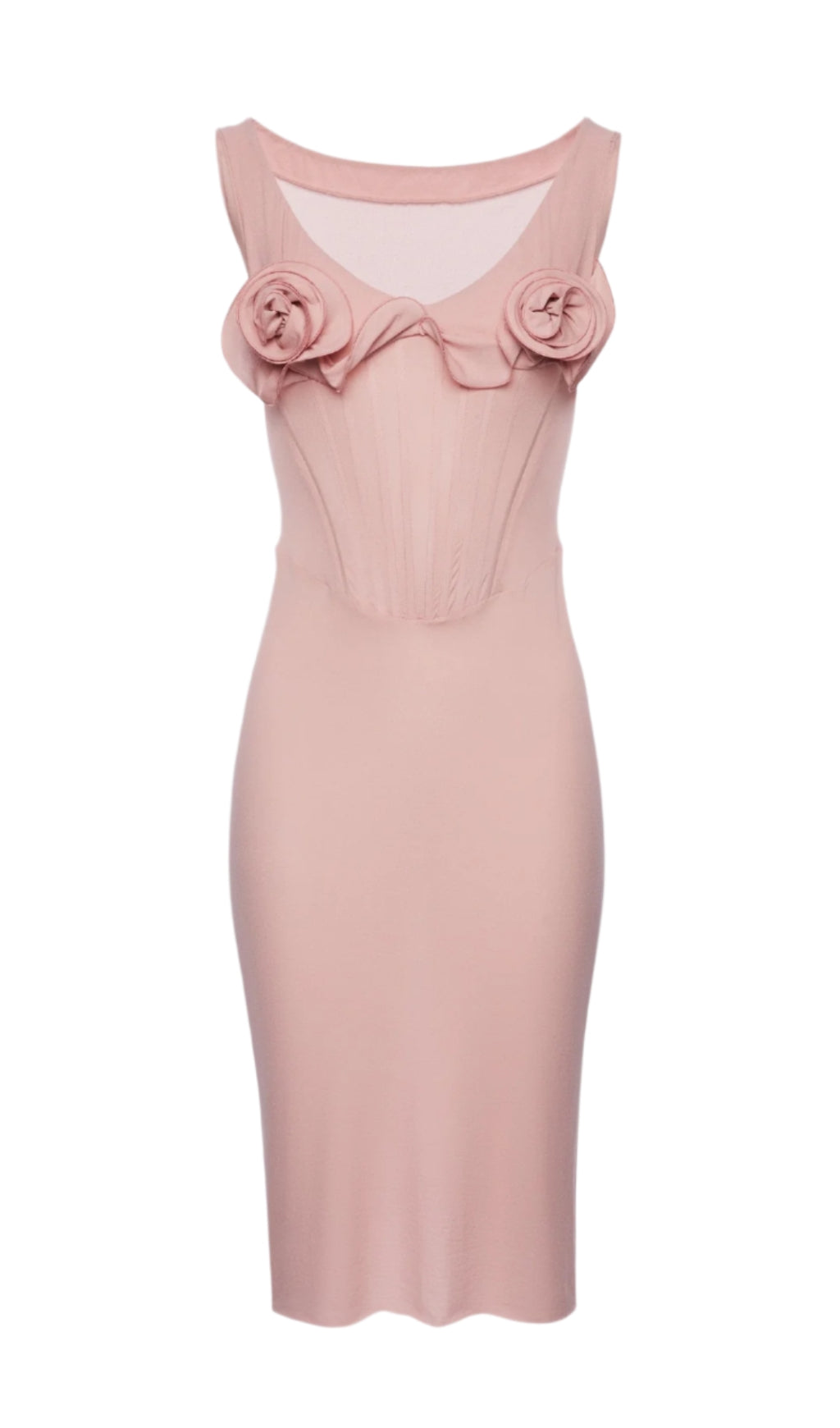 Dinella Floral Appliqué Corset Midi Dress in Pink