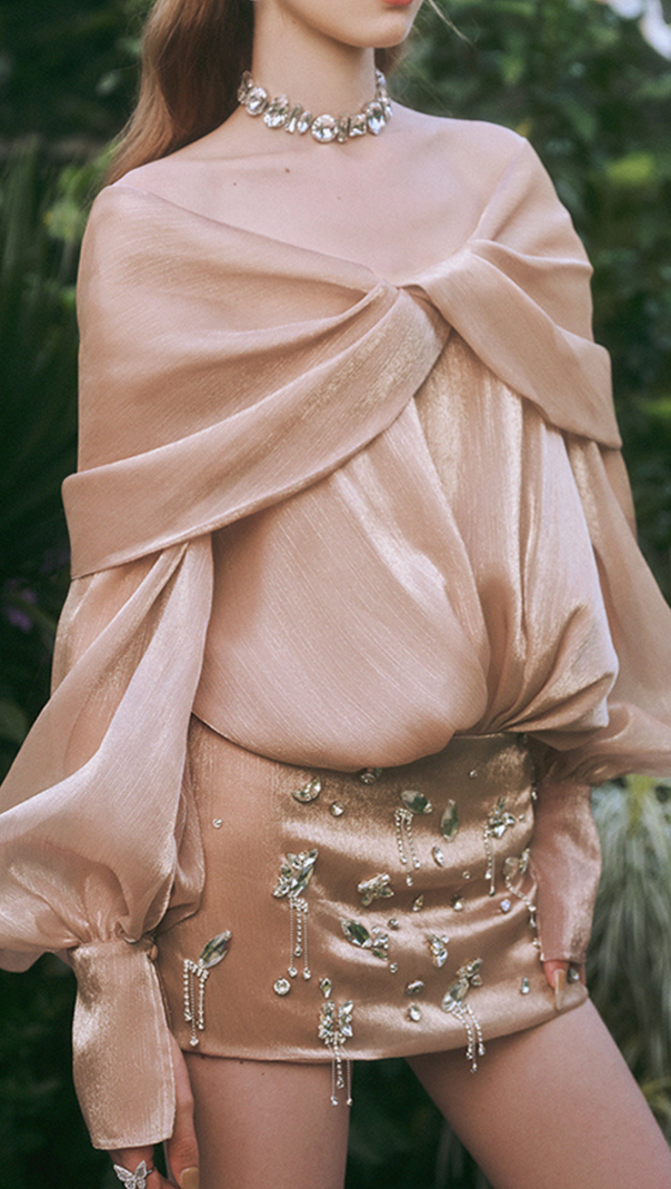 AIIZIE OFF-THE-SHOULDER PEARLESCENT SHIRT MINI DRESS - product image