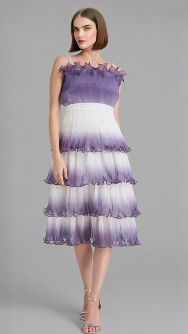 AIIZIE PURPLE GRADIENT PLEATED RUFFLE TRIM LAYERED MINI DRESS - product image