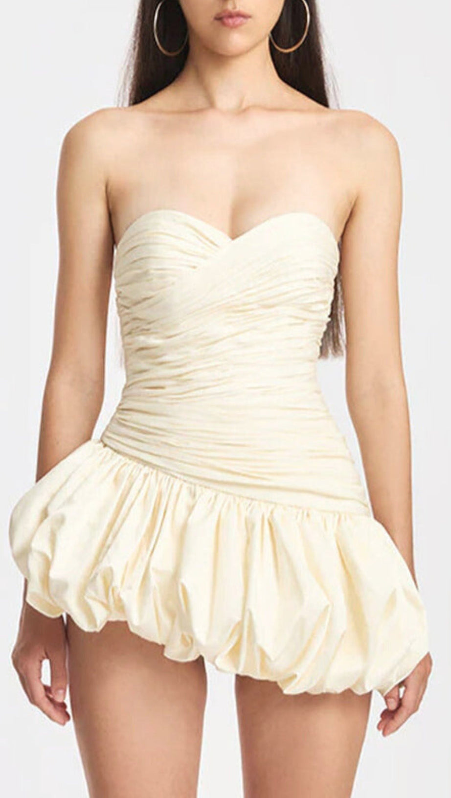 BALLOON DRAPED STRAPLESS MINI DRESS IN WHITE