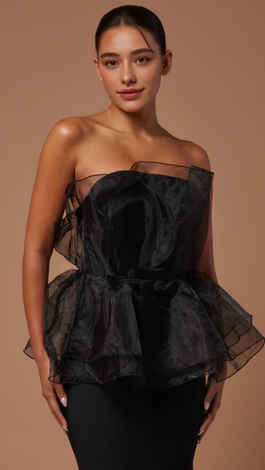 CEDRICA STRAPLESS MESH MAXI BANDAGE DRESS IN BLACK