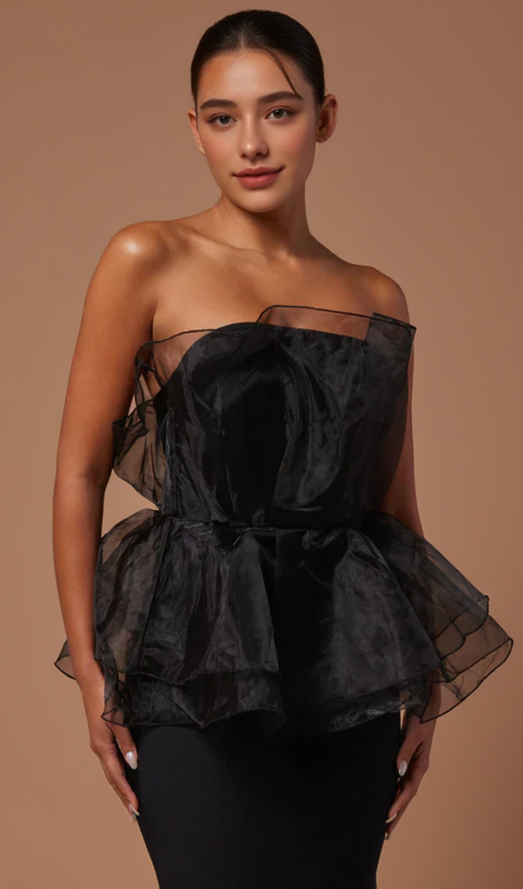 CEDRICA STRAPLESS MESH MAXI BANDAGE DRESS IN BLACK