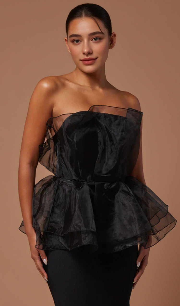 CEDRICA STRAPLESS MESH MAXI BANDAGE DRESS IN BLACK