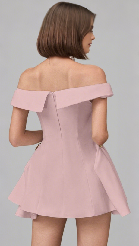METAL DETAIL A-LINE OFF-SHOULDER MINI DRESS IN PINK