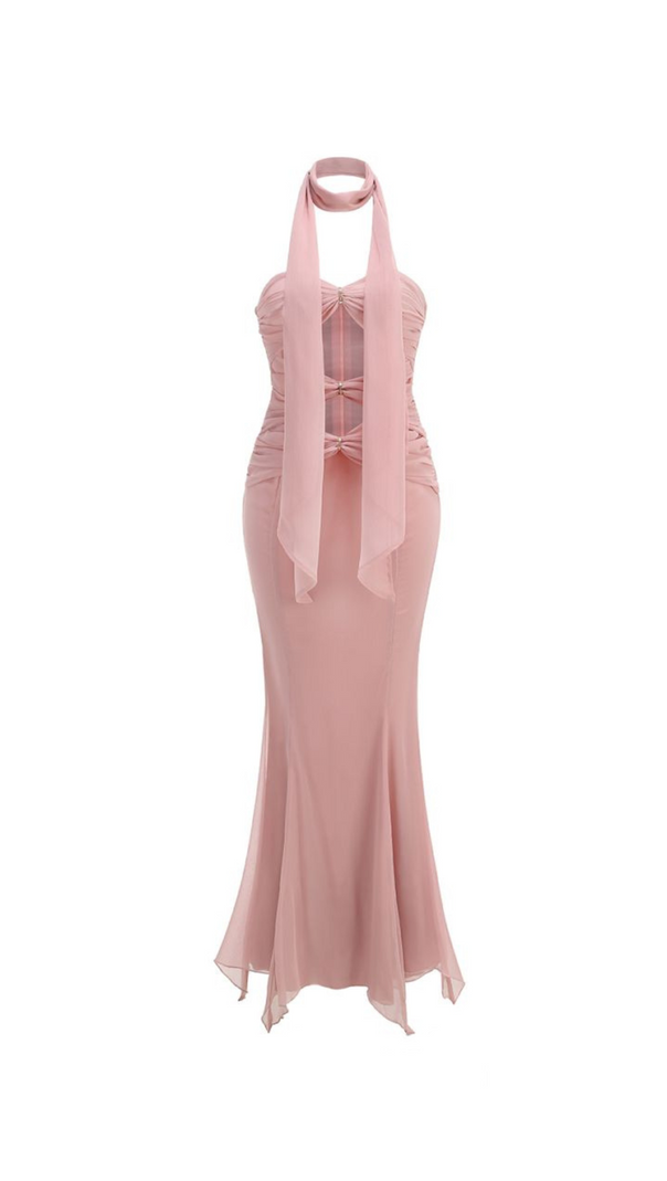 ALYSSA PINK HOLLOW BANDAGE TRÄGERLOSES TÜLL-MAXIKLEID