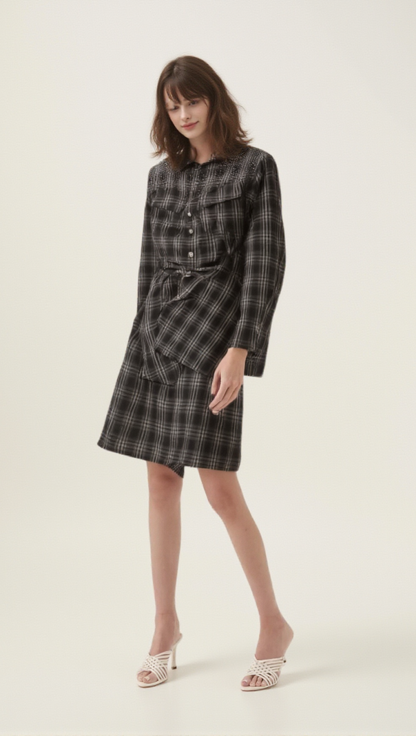 AIIZIE JEANNETTE BLACK STUDDED CHECK MINI SHIRT DRESS - product image