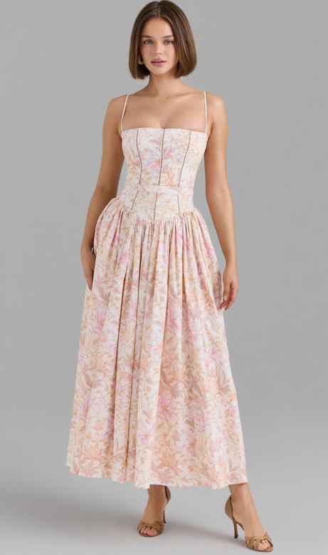 PEACH FLORAL STRETCH COTTON MIDI DRESS