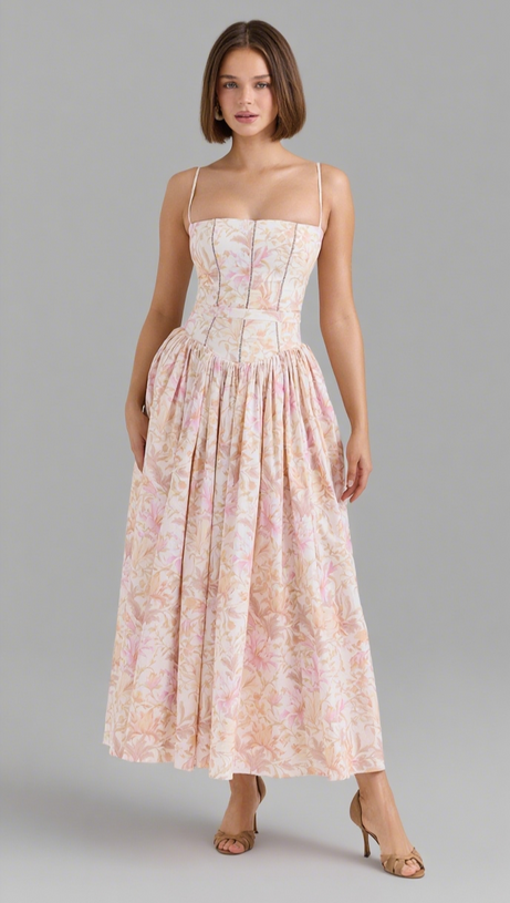 PEACH FLORAL STRETCH COTTON MIDI DRESS