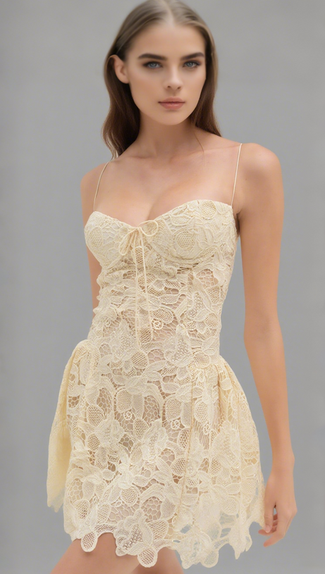 LACE HOLLOW SLEEVELESS MINI DRESS IN YELLOW