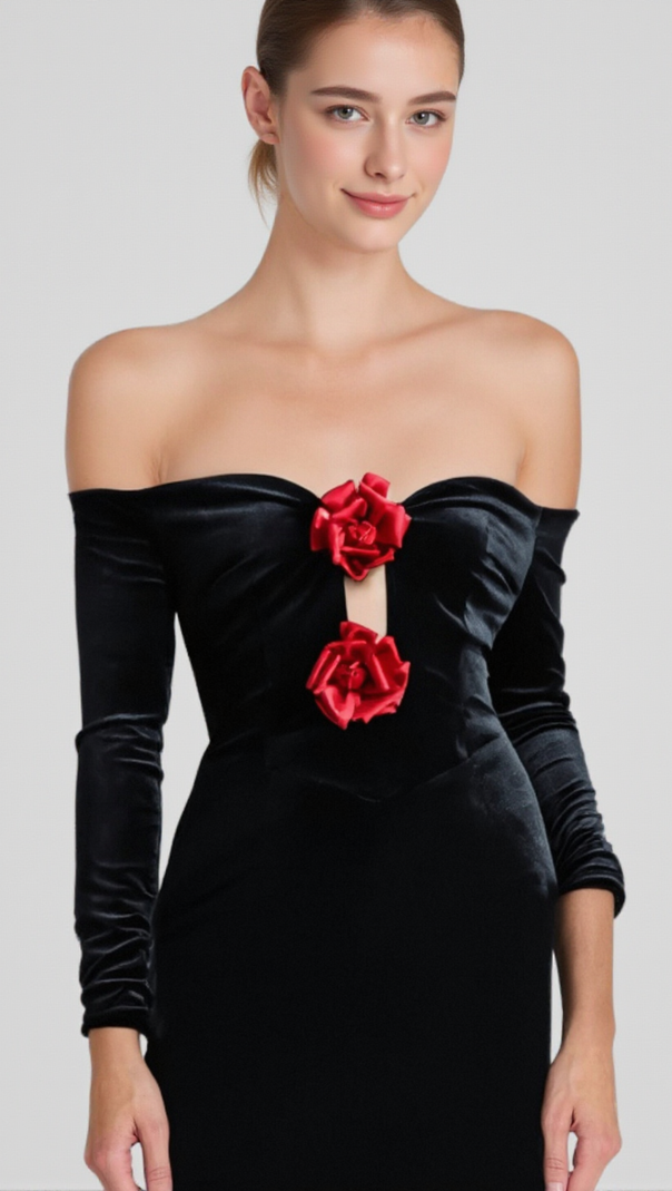 AIIZIE ZANNA OFF SHOULDERS FLOWERS VELVET MAXI DRESS IN BLACK - product image