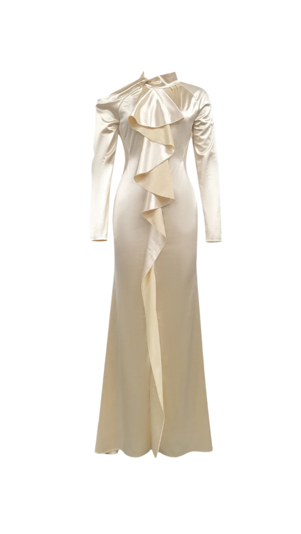 AIIZIE RAE CHAMPAGNE ONE-SHOULDER RUFFLE EMBELLISHED MAXI DRESS - product image