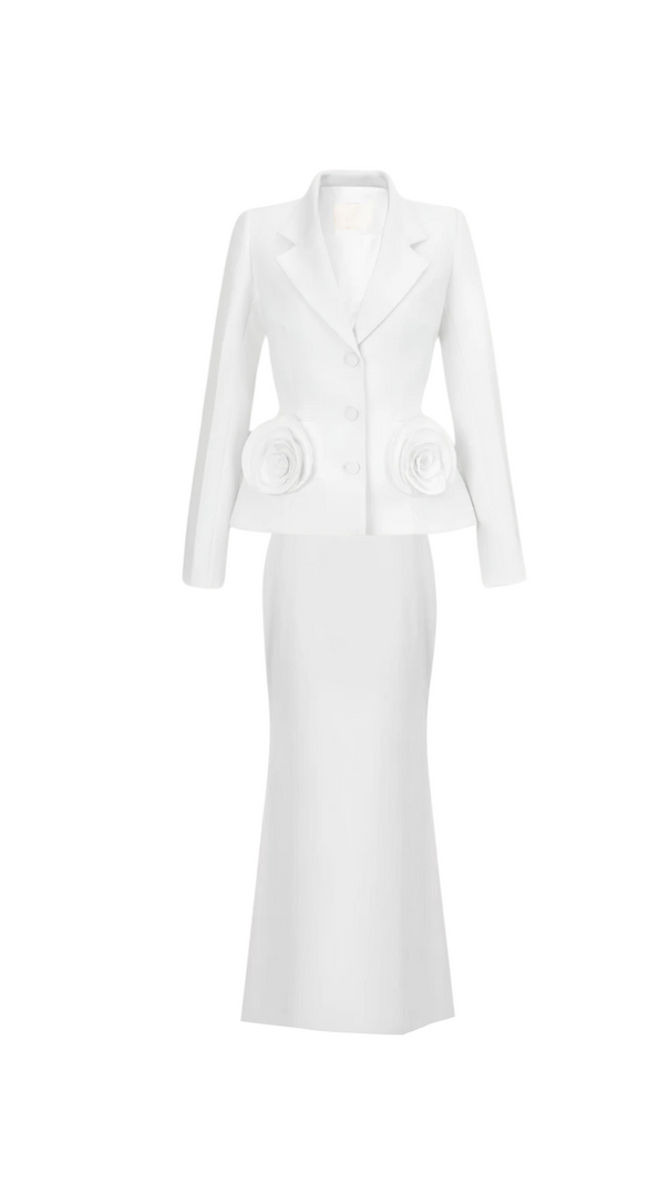 AIIZIE FLOWER EMBELLISHED JACKET SKIRT SET IN WHITE - product image