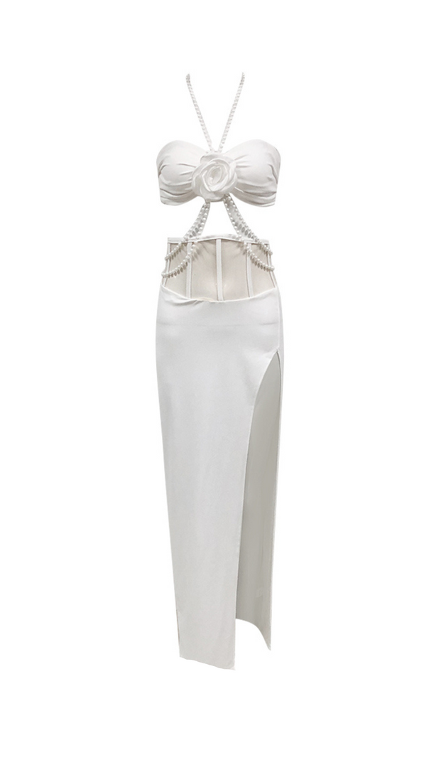 AIIZIE BELEN HIGHT SLIT PEARL HALTER MIDI DRESS IN WHITE - product image