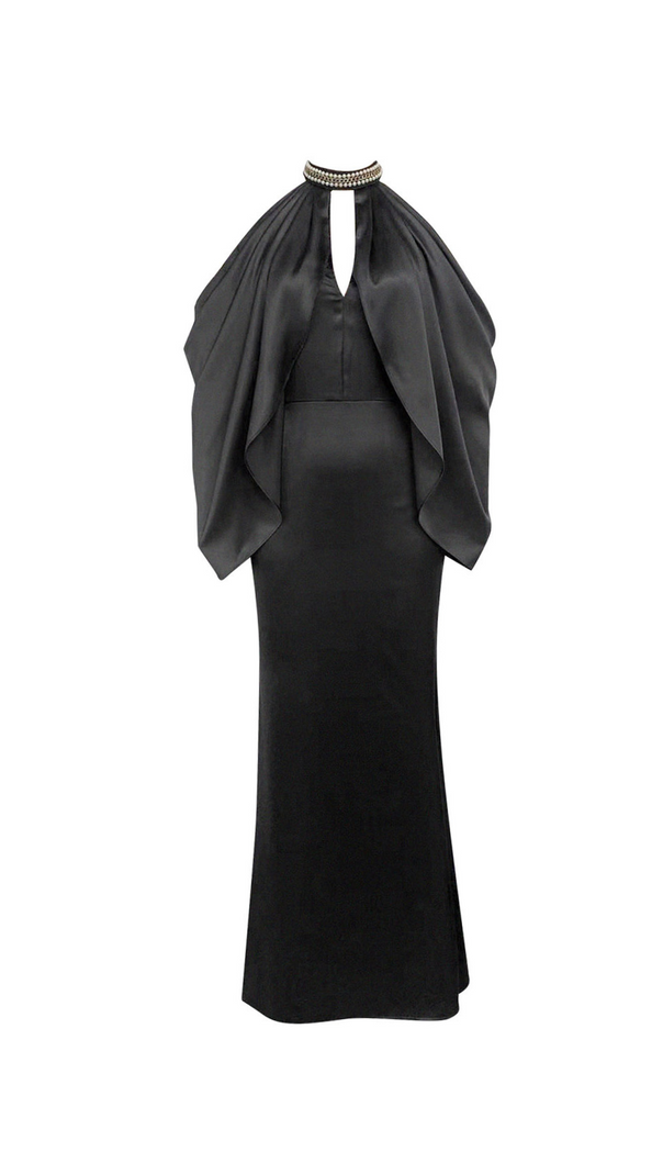 AIIZIE OFF-SHOULDER CRYSTAL HALTER MAXI DRESS IN BLACK - product image