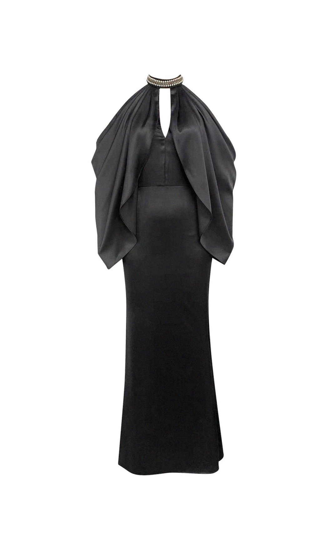 OFF-SHOULDER CRYSTAL HALTER MAXI DRESS IN BLACK