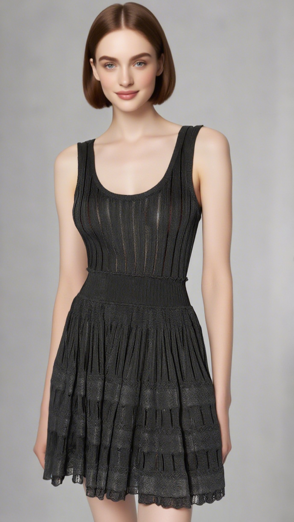 AIIZIE RIBBED POINTELLE KNIT MINI DRESS IN BLACK - product image