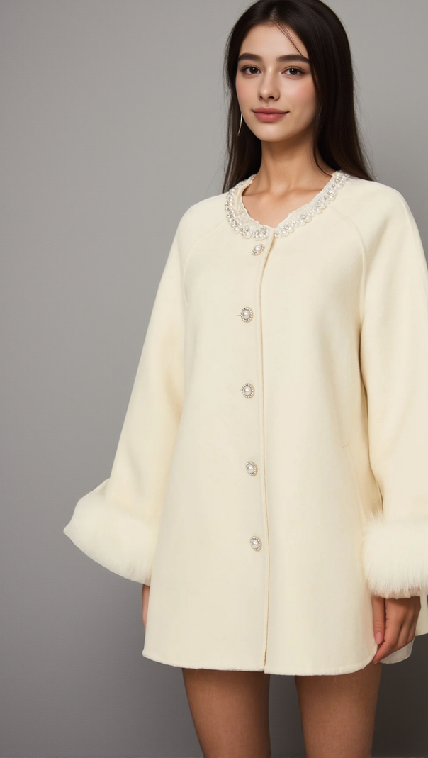AIIZIE FRÉDÉRIQUE WHITE WOOL FUR EMBELLISHED COAT - product image
