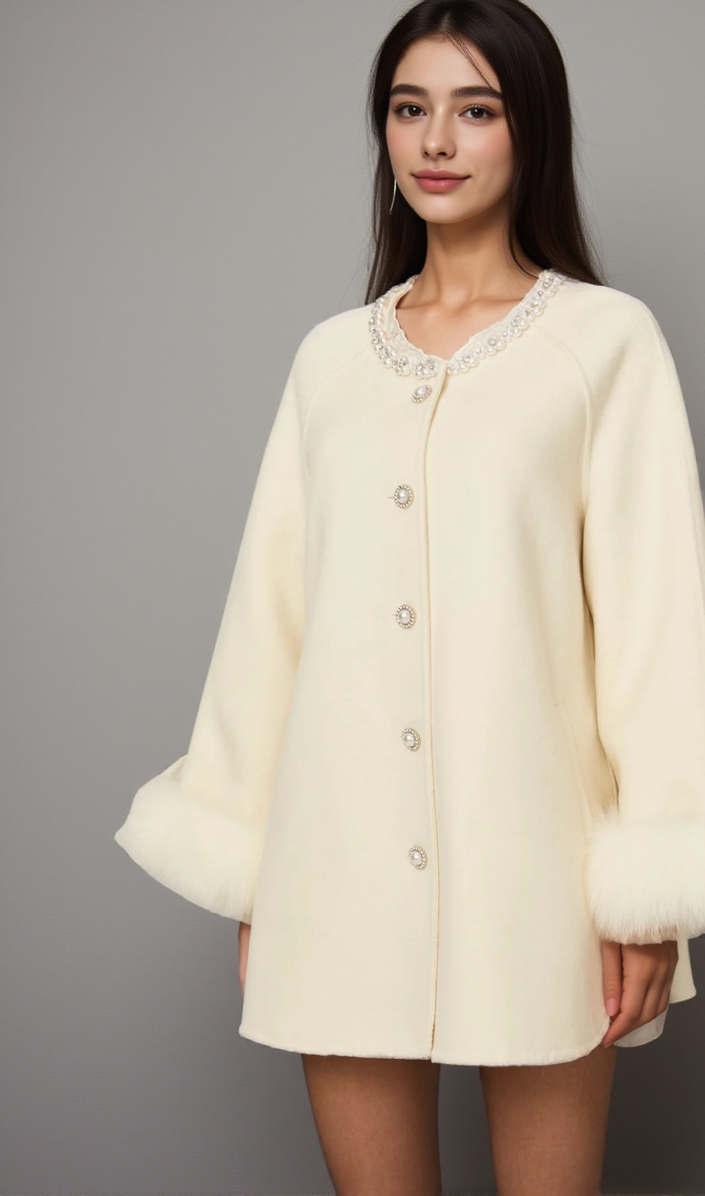 FRÉDÉRIQUE WHITE WOOL FUR EMBELLISHED COAT