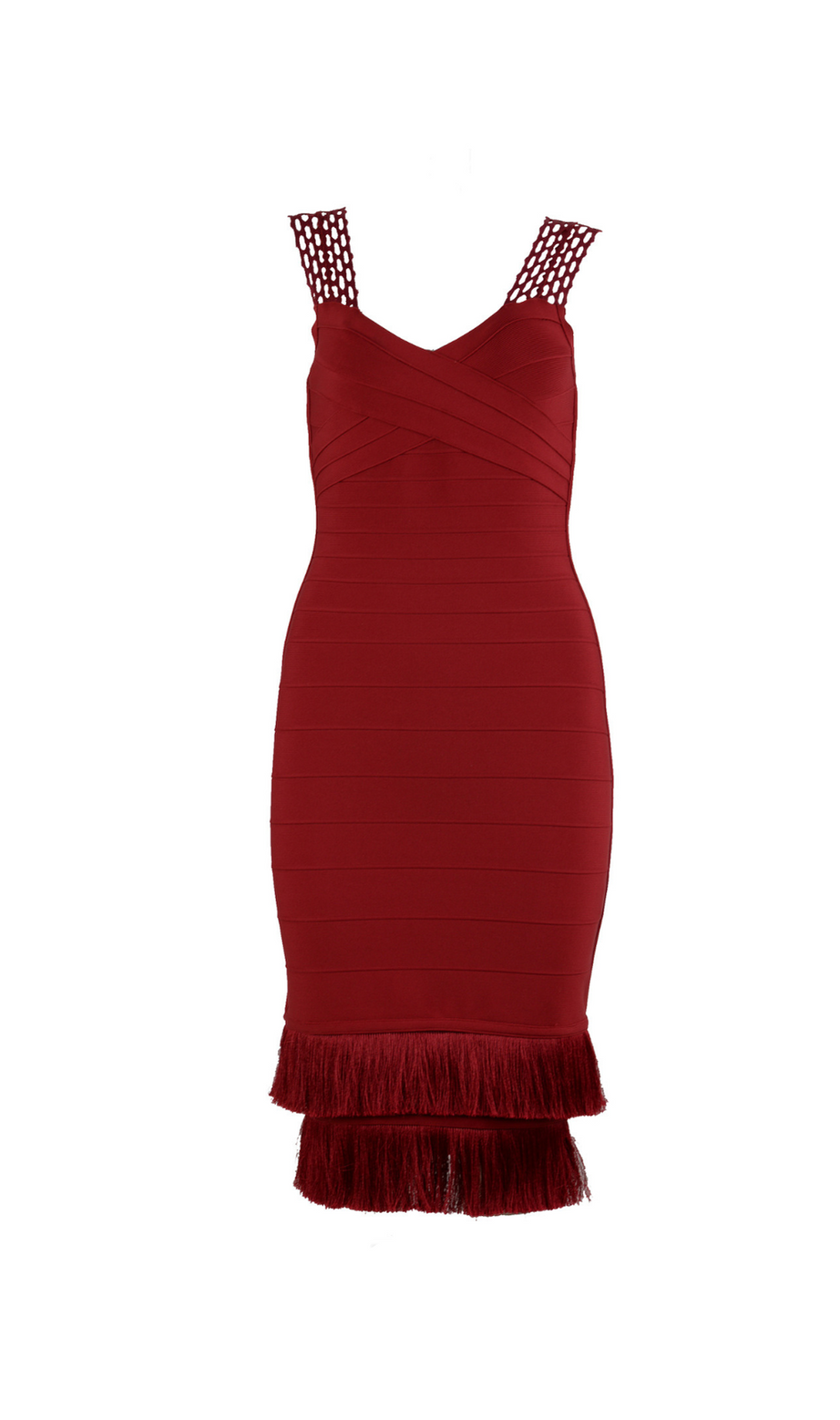 Bodycon-Midikleid aus Bandage-Spitze mit Quasten in Burgunderrot