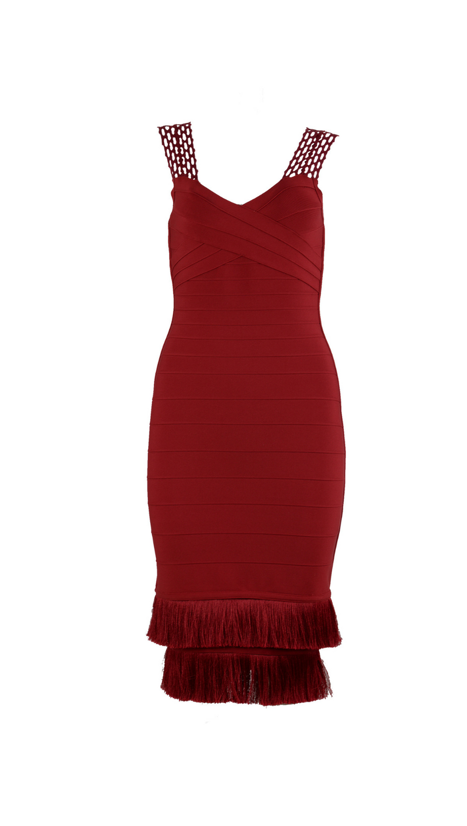 Bodycon-Midikleid aus Bandage-Spitze mit Quasten in Burgunderrot