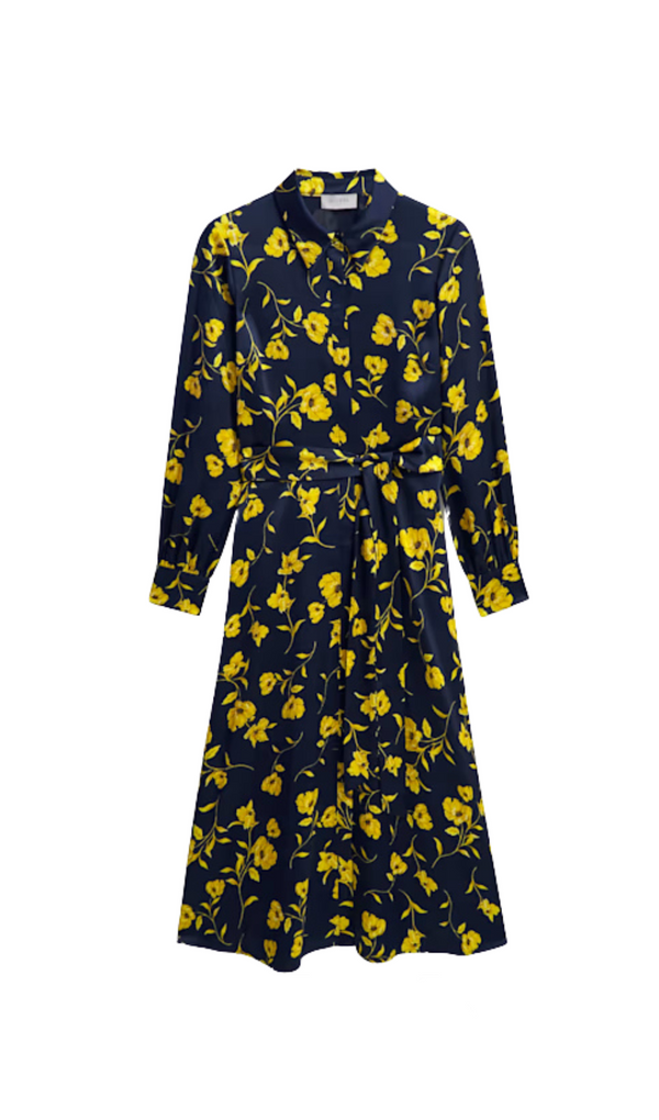 sophia floral shirt midi dress in navy yellow