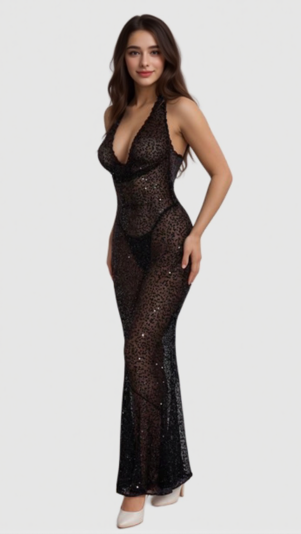 AIIZIE BARBARA HALTER SEQUIN MAXI DRESS IN BLACK - product image