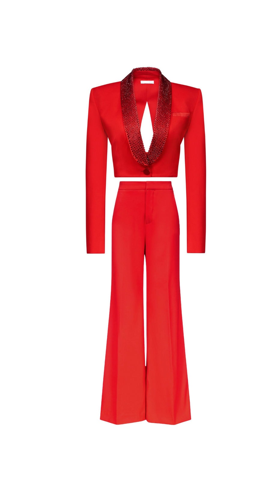 CRYSTAL-EMBELLISHED RED CROPPED BLAZER SET