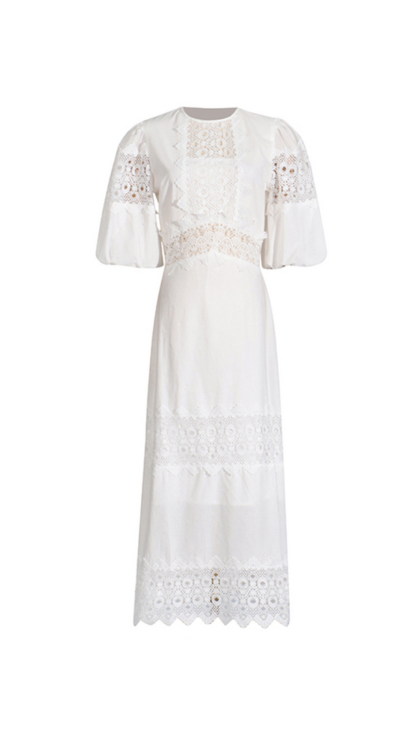 AIIZIE HAZEL WHITE EMBROIDERED ROUND NECK PUFF SLEEVE MIDI DRESS - product image