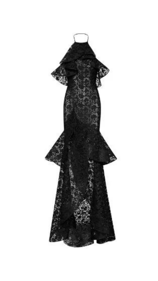 AIIZIE LYNN GARDENIA GUIPURE LACE RUFFLE GOWN IN BLACK - product image