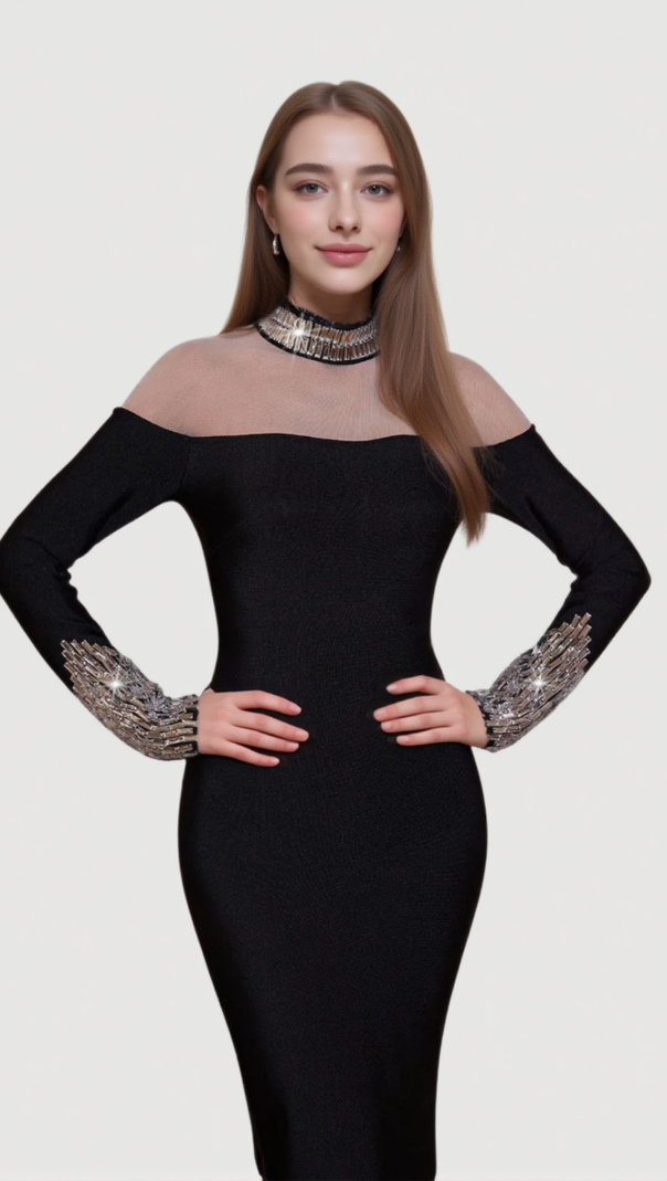 AIIZIE ALEXANDRA LONG SLEEVE RHINESTONE BANDAGE MAXI DRESS IN BLACK - product image