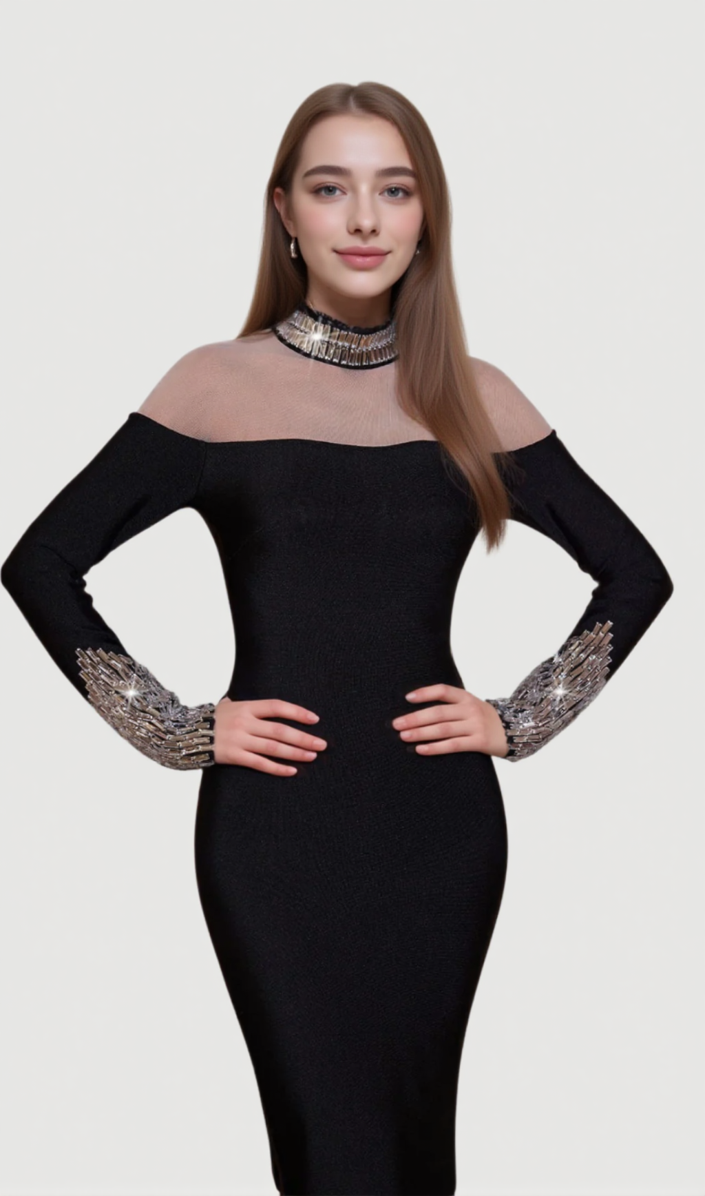 ALEXANDRA LONG SLEEVE RHINESTONE BANDAGE MAXI DRESS IN BLACK