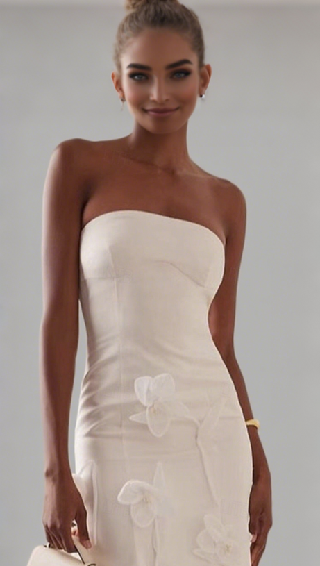 3D FLORAL APPLIQUE SLEEVELESS MIDI DRESS IN WHITE