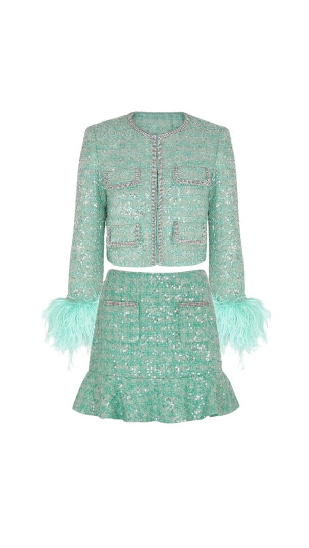 AIIZIE STEPHANIE BOUCLE FEATHER JACKET SUIT IN GREEN - product image