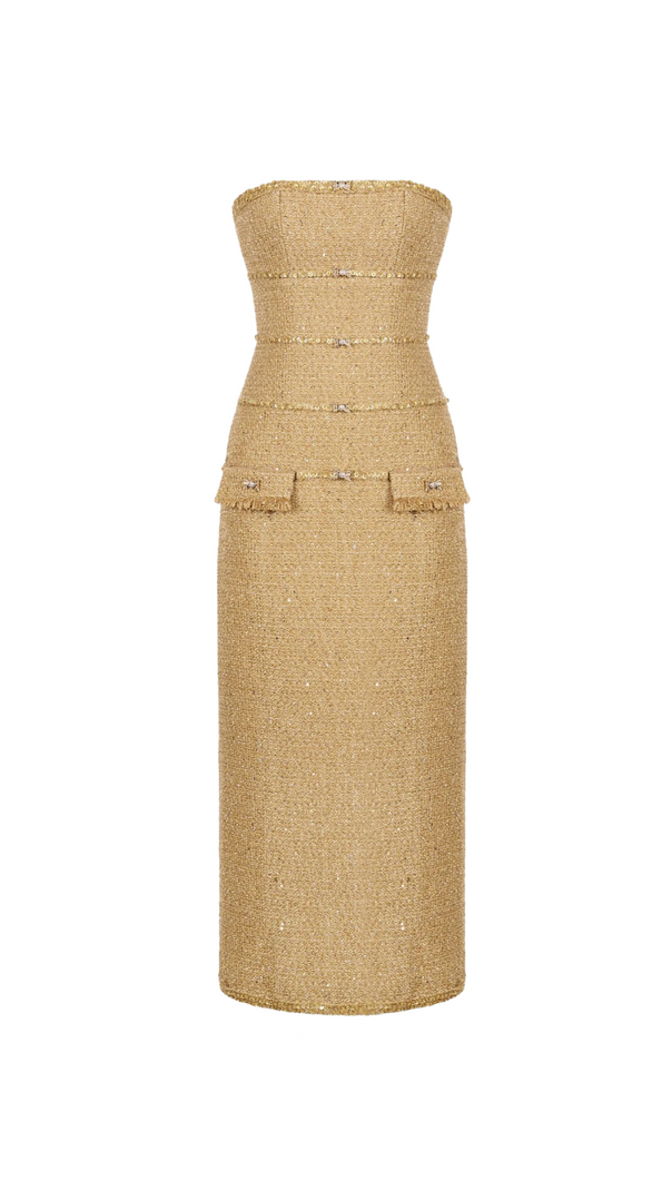 AIIZIE ELBORNO GOLD EMBELLISHED STRAPLESS MIDI DRESS - product image