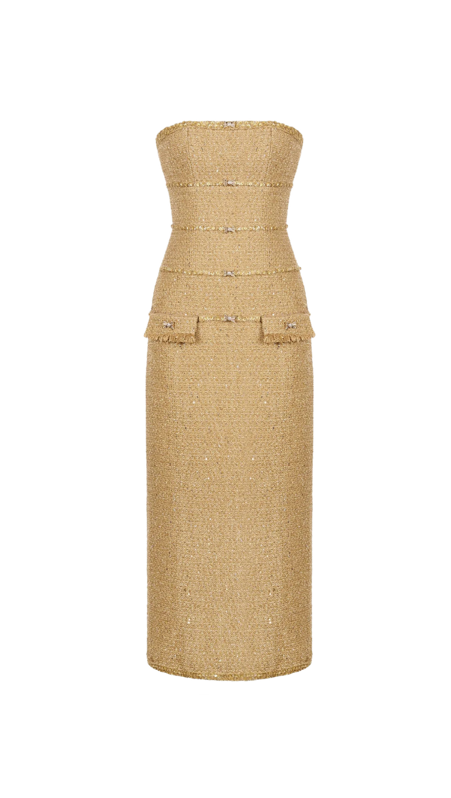 Abito midi senza spalline decorato in oro Elborno