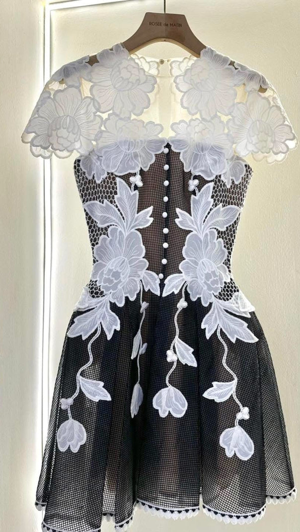 AIIZIE BLACK-WHITE LACE FLOWER EMBELLISHED MINI DRESS - product image